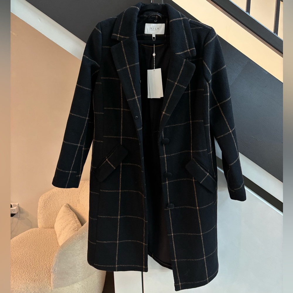 VILA Black Checkered Trench Coat black and tan 34